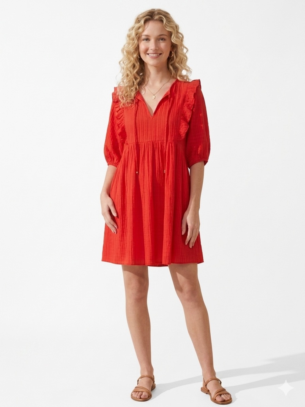 entro Red Puff Sleeve Tiered Mini Dress size Med